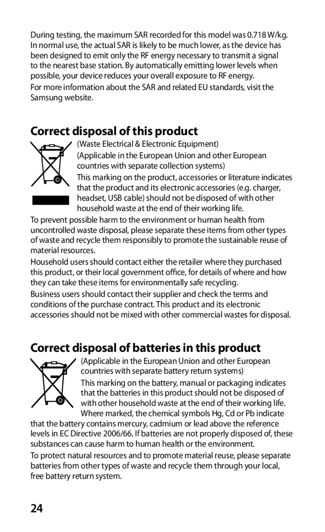 Samsung GT-S5670PWAXXV, GT-S5670HKAXEV Correct disposal of this product, Correct disposal of batteries in this product 