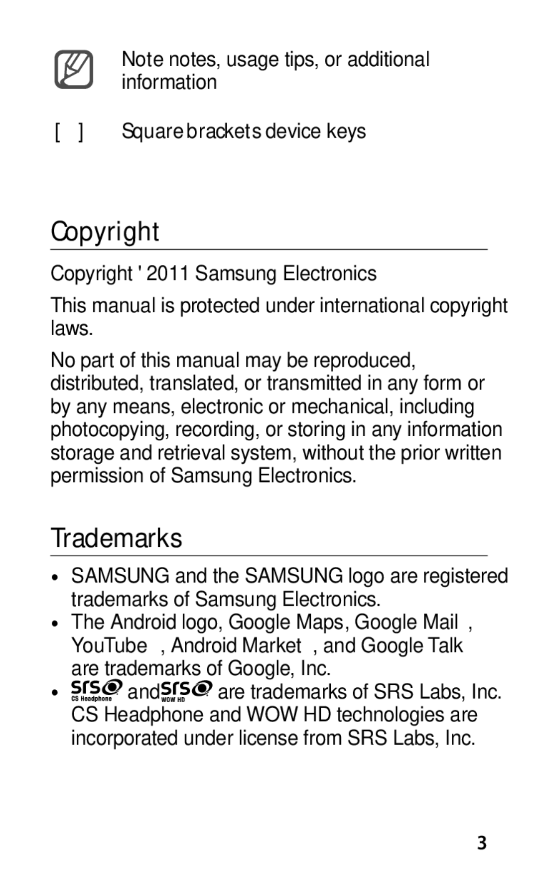 Samsung GT-S5670PWAXEV, GT-S5670PWAXXV, GT-S5670HKAXEV, GT-S5670HKAXXV Copyright, Trademarks, Square brackets -device keys 