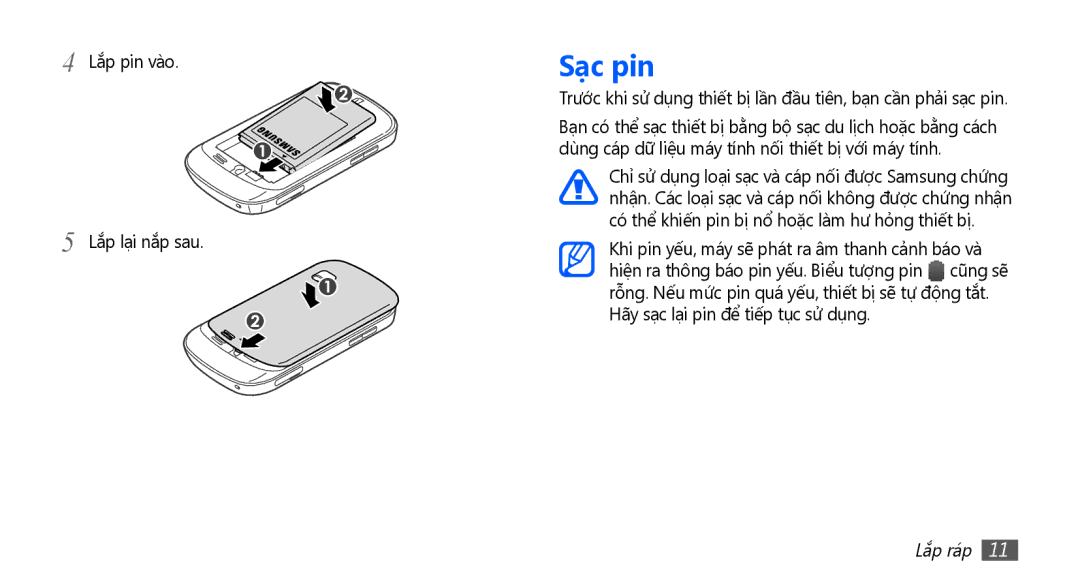 Samsung GT-S5670PWAXEV, GT-S5670PWAXXV, GT-S5670HKAXEV, GT-S5670HKAXXV manual Sạc pin 