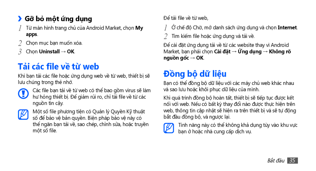 Samsung GT-S5670PWAXEV, GT-S5670PWAXXV, GT-S5670HKAXEV manual Tả̉i các file về từ web, Đồng bộ dữ liệu, ››Gỡ bỏ một ứ́ng dụng 