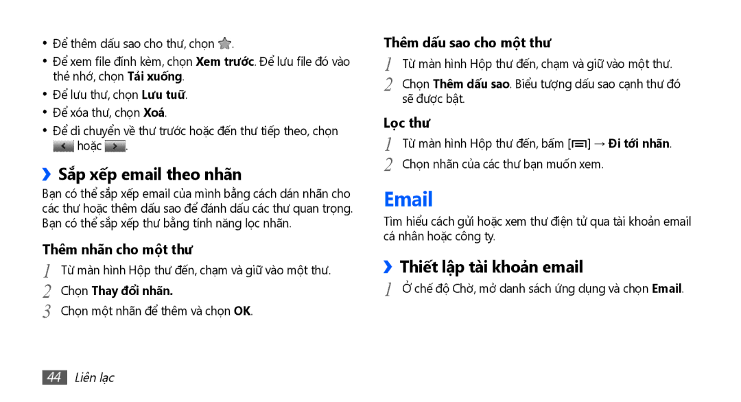 Samsung GT-S5670PWAXXV manual ››Sắp xếp email theo nhãn, ››Thiết lập tài khoả̉n email, Chọn Thay đôi nhan, 44 Liên lạc 