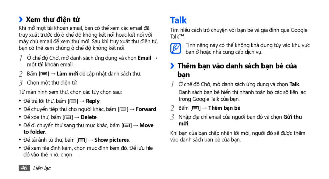 Samsung GT-S5670HKAXXV manual Talk, ››Xem thư điện tử, ››Thêm bạn vào danh sách bạn bè của bạn, Bấm → Thêm ban be, Mơi 