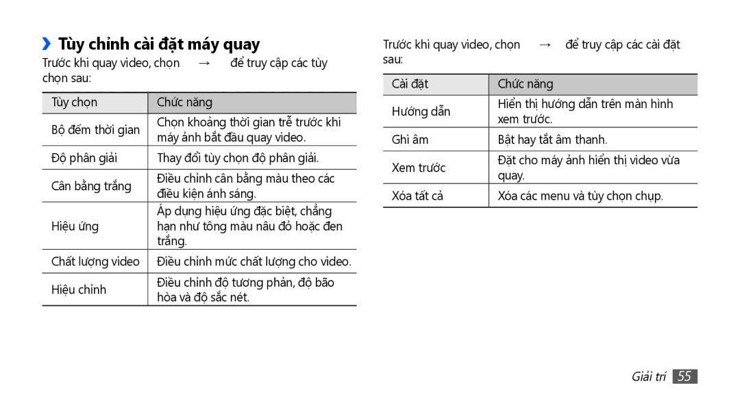 Samsung GT-S5670PWAXEV, GT-S5670PWAXXV, GT-S5670HKAXEV, GT-S5670HKAXXV manual ››Tùy chỉnh cài đặt máy quay 