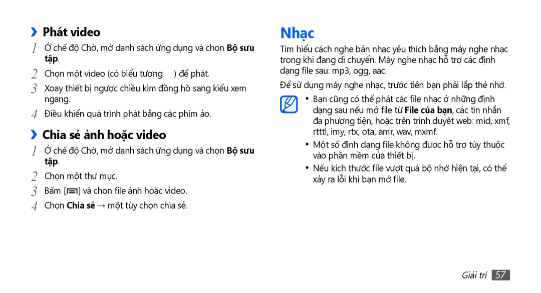 Samsung GT-S5670HKAXEV, GT-S5670PWAXXV, GT-S5670HKAXXV, GT-S5670PWAXEV manual Nhạc, Phát video, Chia sẻ ả̉nh hoặc video 