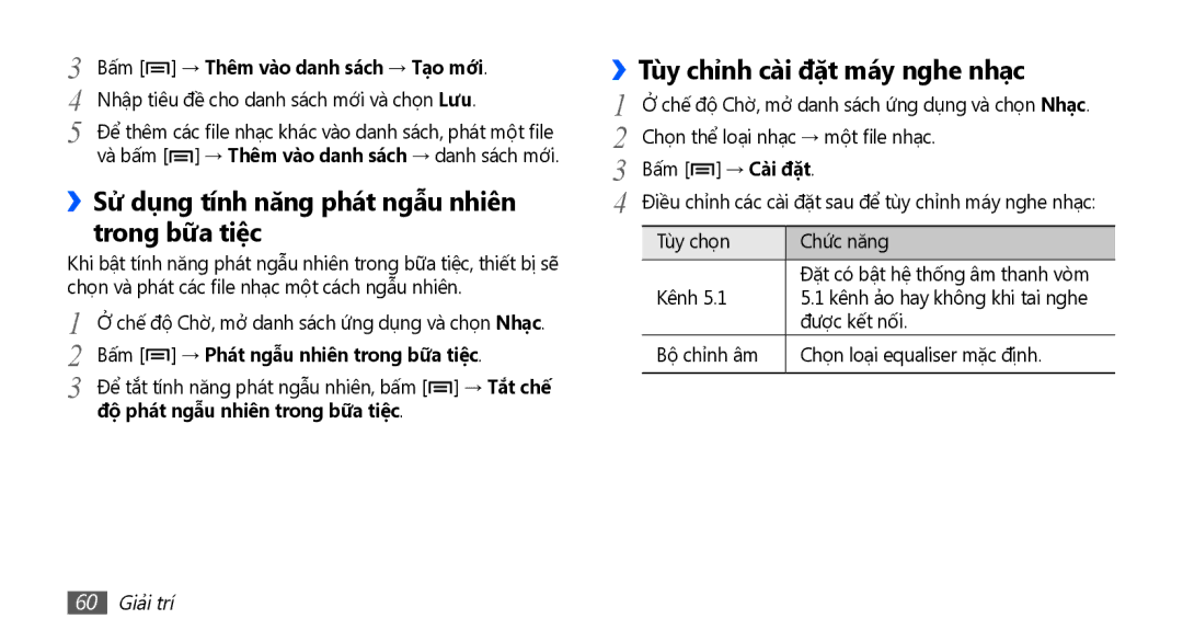 Samsung GT-S5670PWAXXV manual ››Sử dụng tính năng phát ngẫu nhiên trong bữa tiệc, ››Tùy chỉnh cài đặt máy nghe nhạc 