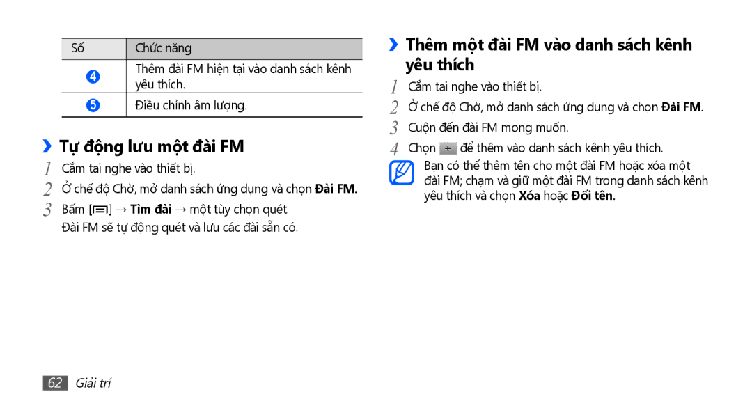 Samsung GT-S5670HKAXXV, GT-S5670PWAXXV Tự động lưu một đài FM, ››Thêm một đài FM vào danh sách kênh yêu thích, 62 Giải trí 