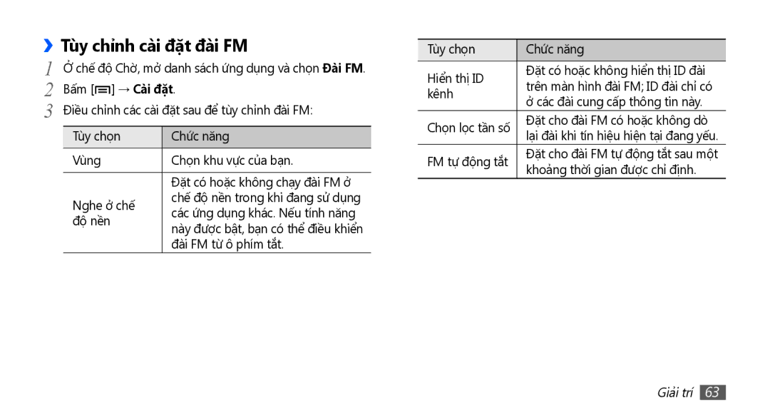 Samsung GT-S5670PWAXEV, GT-S5670PWAXXV, GT-S5670HKAXEV, GT-S5670HKAXXV manual Tùy chỉnh cài đặt đài FM 