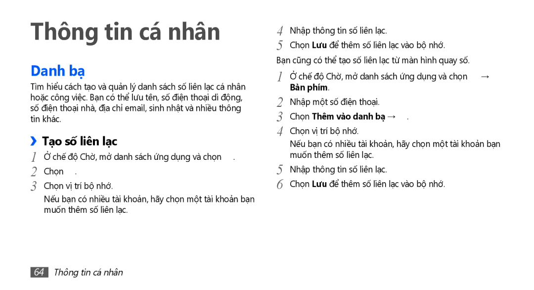 Samsung GT-S5670PWAXXV, GT-S5670HKAXEV manual Thông tin cá nhân, Danh bạ, Tạo số liên lạc, Bàn phím, Chọn Thêm vào danh bạ → 