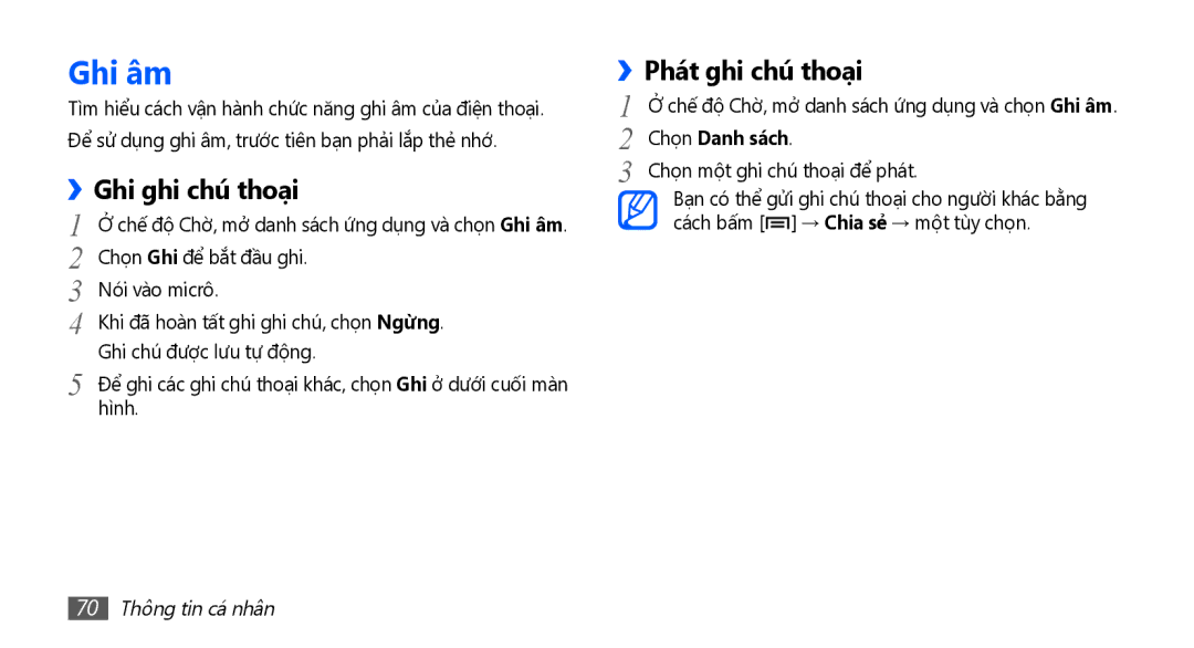 Samsung GT-S5670HKAXXV, GT-S5670PWAXXV Ghi âm, Ghi ghi chú thoại, Phát ghi chú thoại, Chọn Danh sách, 70 Thông tin cá nhân 