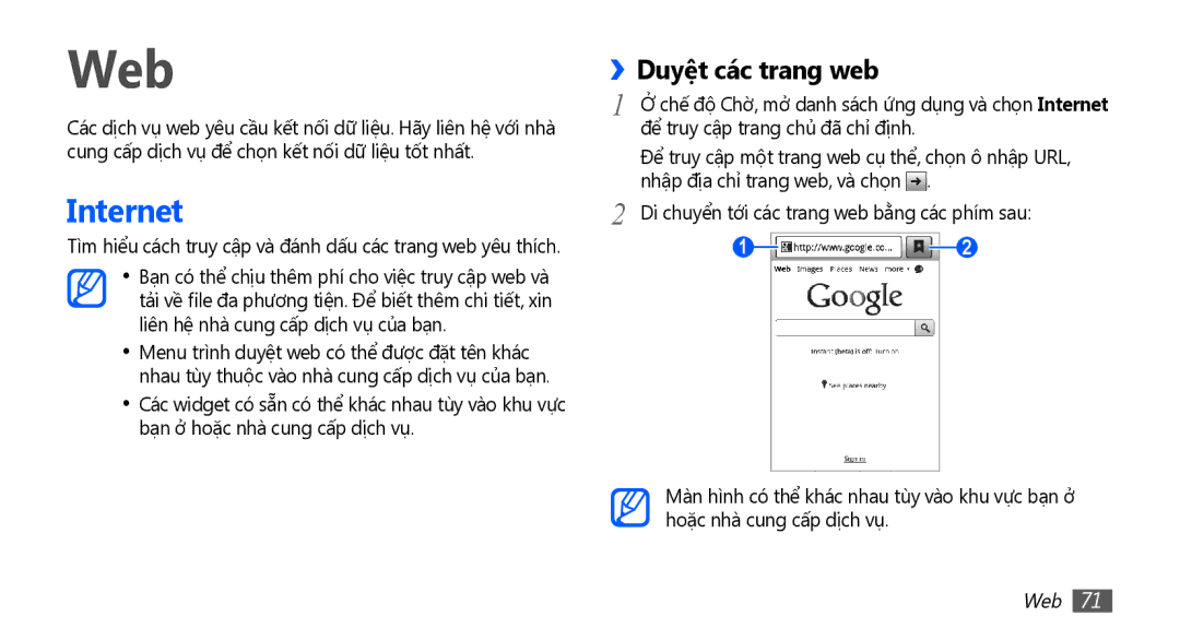 Samsung GT-S5670PWAXEV, GT-S5670PWAXXV, GT-S5670HKAXEV, GT-S5670HKAXXV manual Web, Internet, ››Duyệt các trang web 