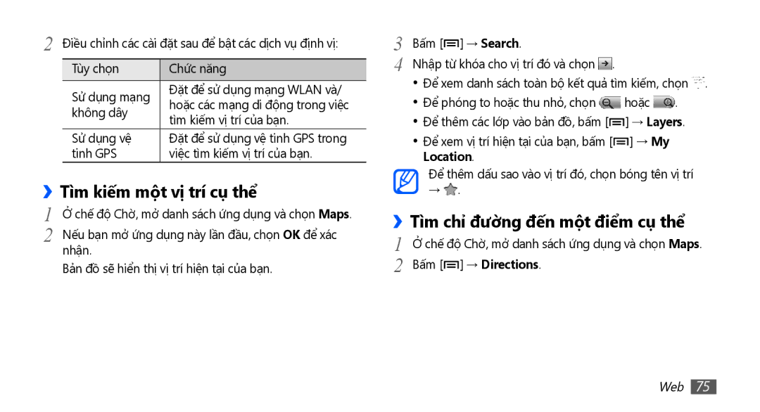 Samsung GT-S5670PWAXEV, GT-S5670PWAXXV Tì̀m kiếm một vị trí cụ thể, ››Tì̀m chỉ đường đến một điểm cụ thể, Bấm → Directions 
