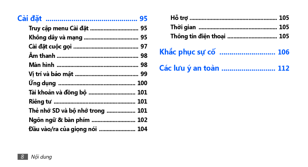 Samsung GT-S5670PWAXXV, GT-S5670HKAXEV, GT-S5670HKAXXV, GT-S5670PWAXEV manual 106, 112, Thời gian, Thông tin điện thoại 