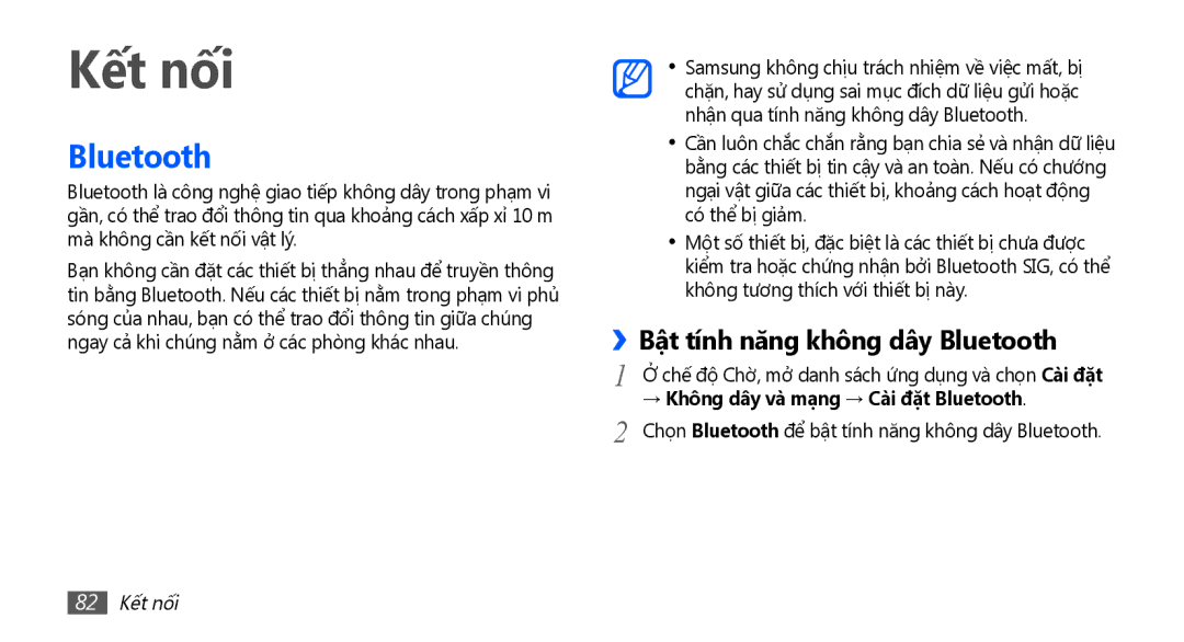 Samsung GT-S5670HKAXXV manual Kết nối, ››Bật tính năng không dây Bluetooth, → Không dây và mạng → Cài đặt Bluetooth 