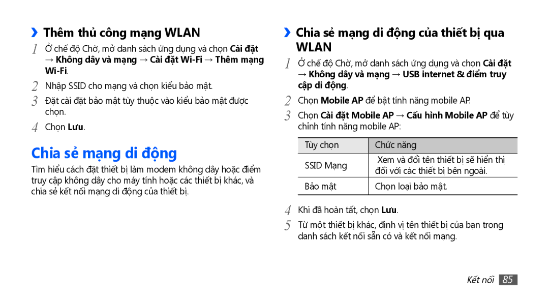 Samsung GT-S5670HKAXEV, GT-S5670PWAXXV manual ››Thêm thủ công mạng Wlan, ››Chia sẻ mạng di động của thiết bị qua 