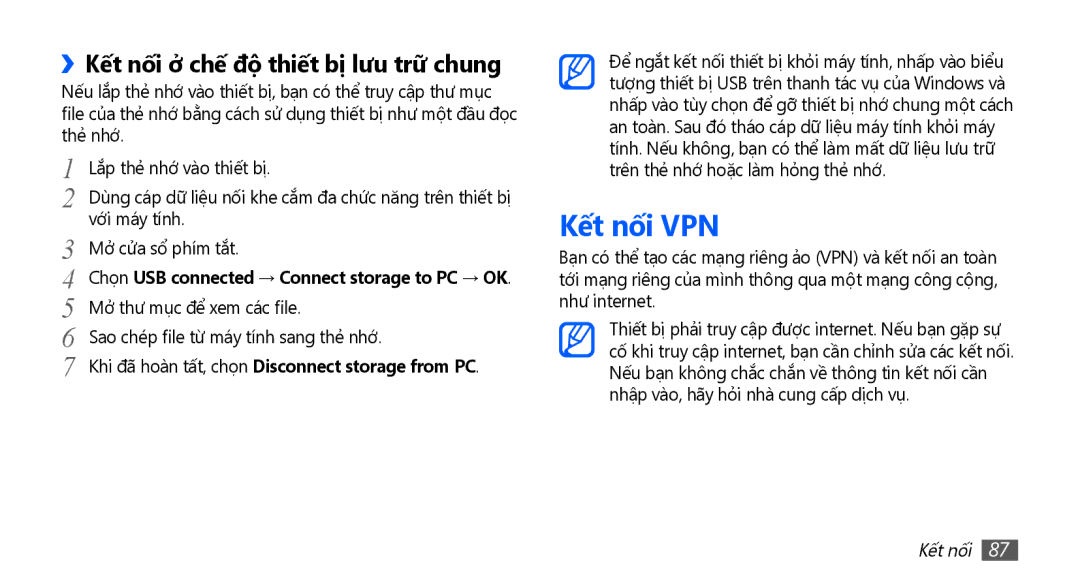 Samsung GT-S5670PWAXEV, GT-S5670PWAXXV, GT-S5670HKAXEV manual Kết nối VPN, ››Kết nối ở chế độ thiết bị lưu trữ chung 