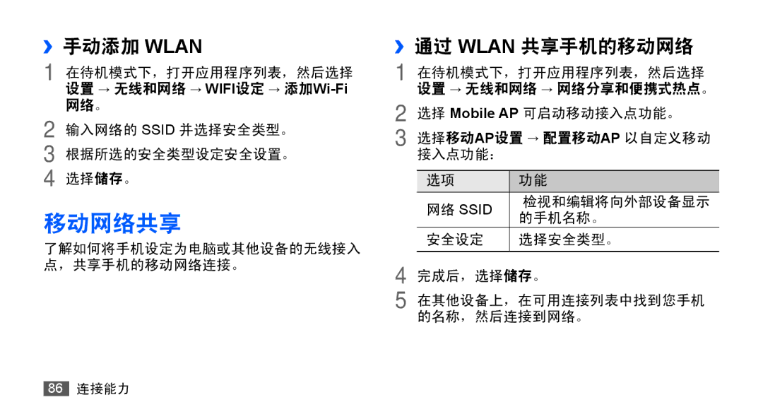 Samsung GT-S5670HKAXXV, GT-S5670PWAXXV, GT-S5670HKAXEV, GT-S5670PWAXEV manual 移动网络共享, ››手动添加 Wlan, ››通过 Wlan 共享手机的移动网络 