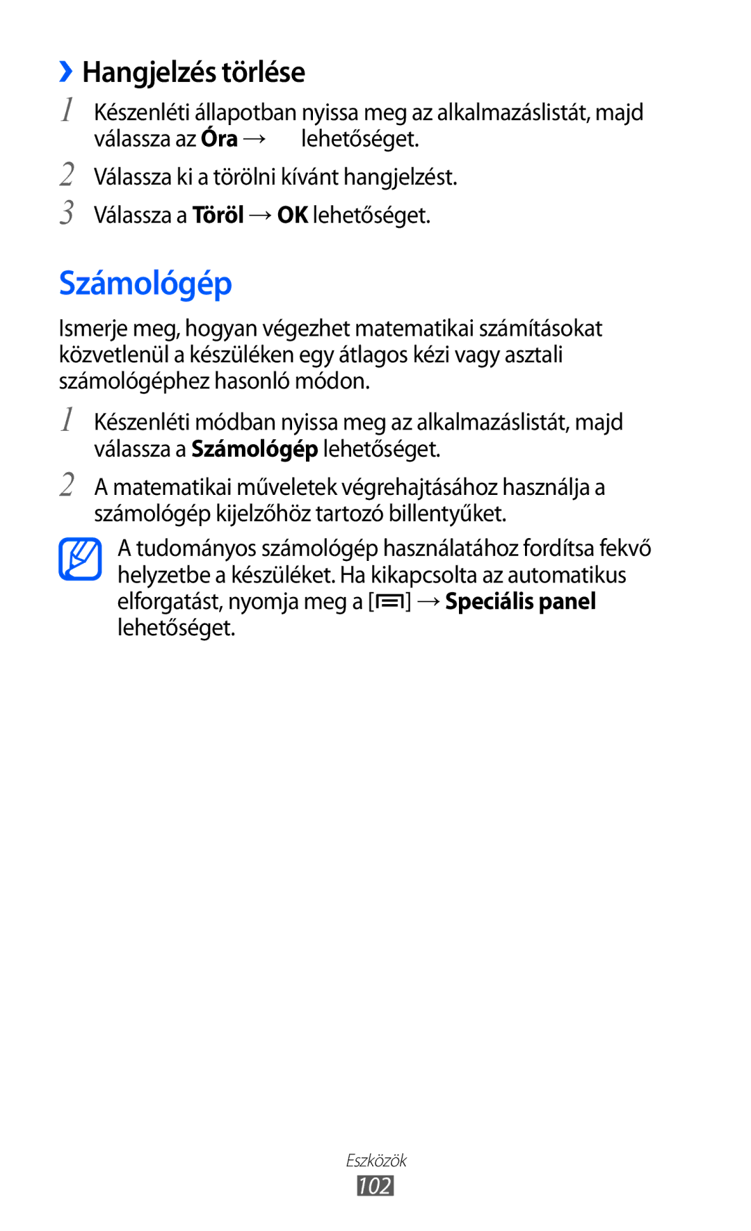 Samsung GT-S5690KOADTM, GT-S5690KOADBT, GT-S5690TAADBT, GT-S5690KOAATO, GT-S5690KOABGL Számológép, ››Hangjelzés törlése, 102 