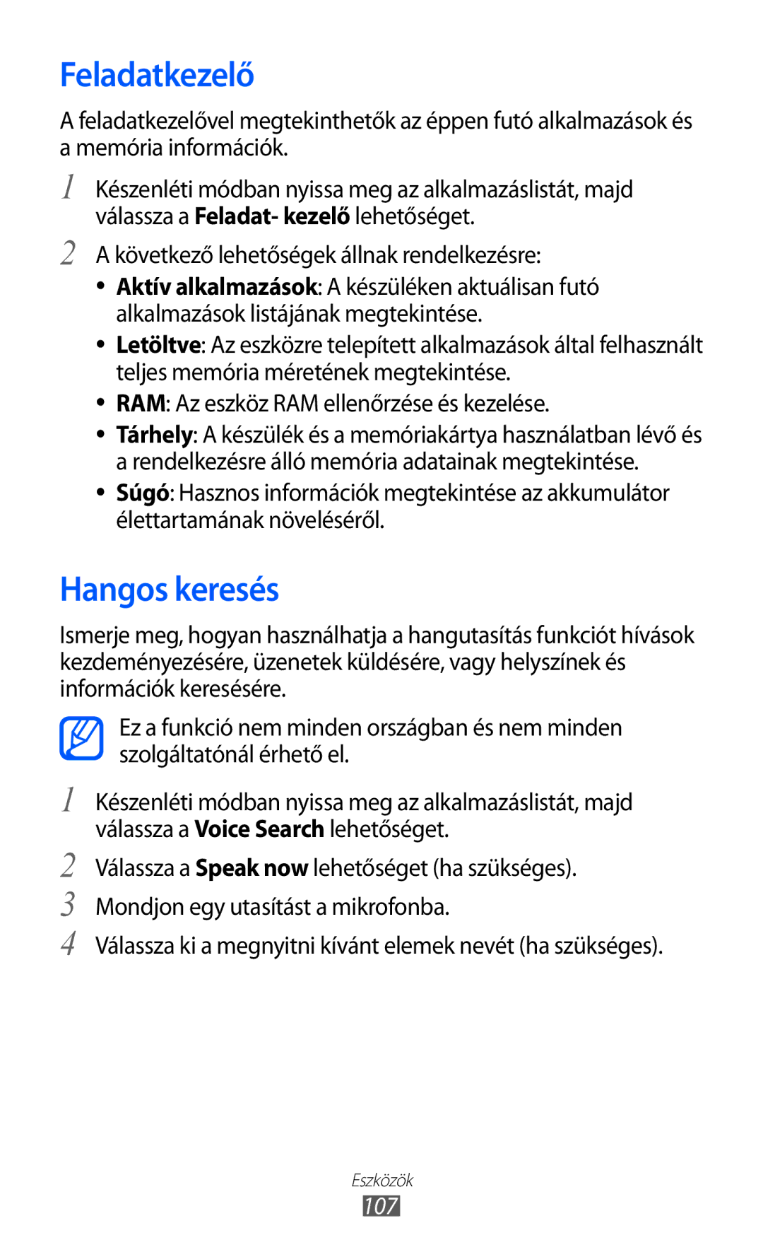Samsung GT-S5690KOAEUR, GT-S5690KOADBT manual Feladatkezelő, Hangos keresés, Következő lehetőségek állnak rendelkezésre, 107 