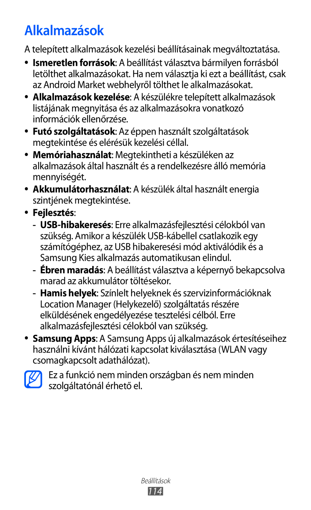 Samsung GT-S5690KOAPAN, GT-S5690KOADBT, GT-S5690TAADBT, GT-S5690KOADTM, GT-S5690KOAATO, GT-S5690KOABGL manual Alkalmazások, 114 