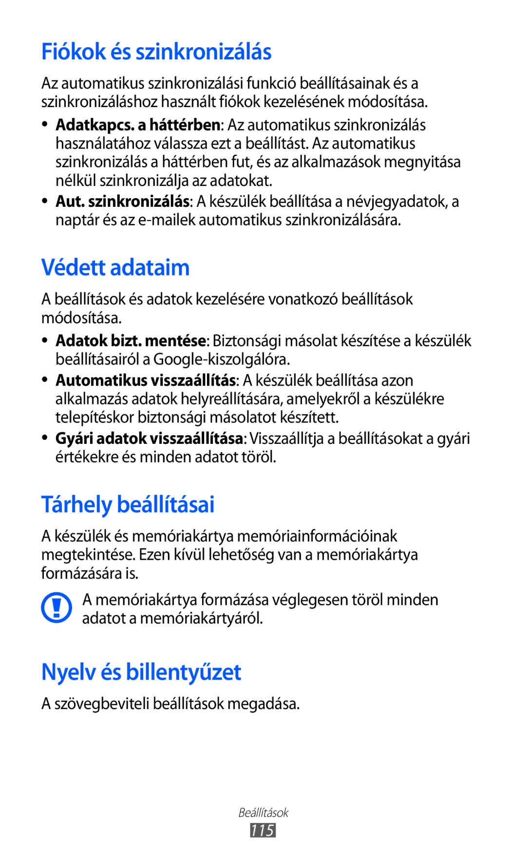 Samsung GT-S5690TAASWC manual Fiókok és szinkronizálás, Védett adataim, Tárhely beállításai, Nyelv és billentyűzet, 115 