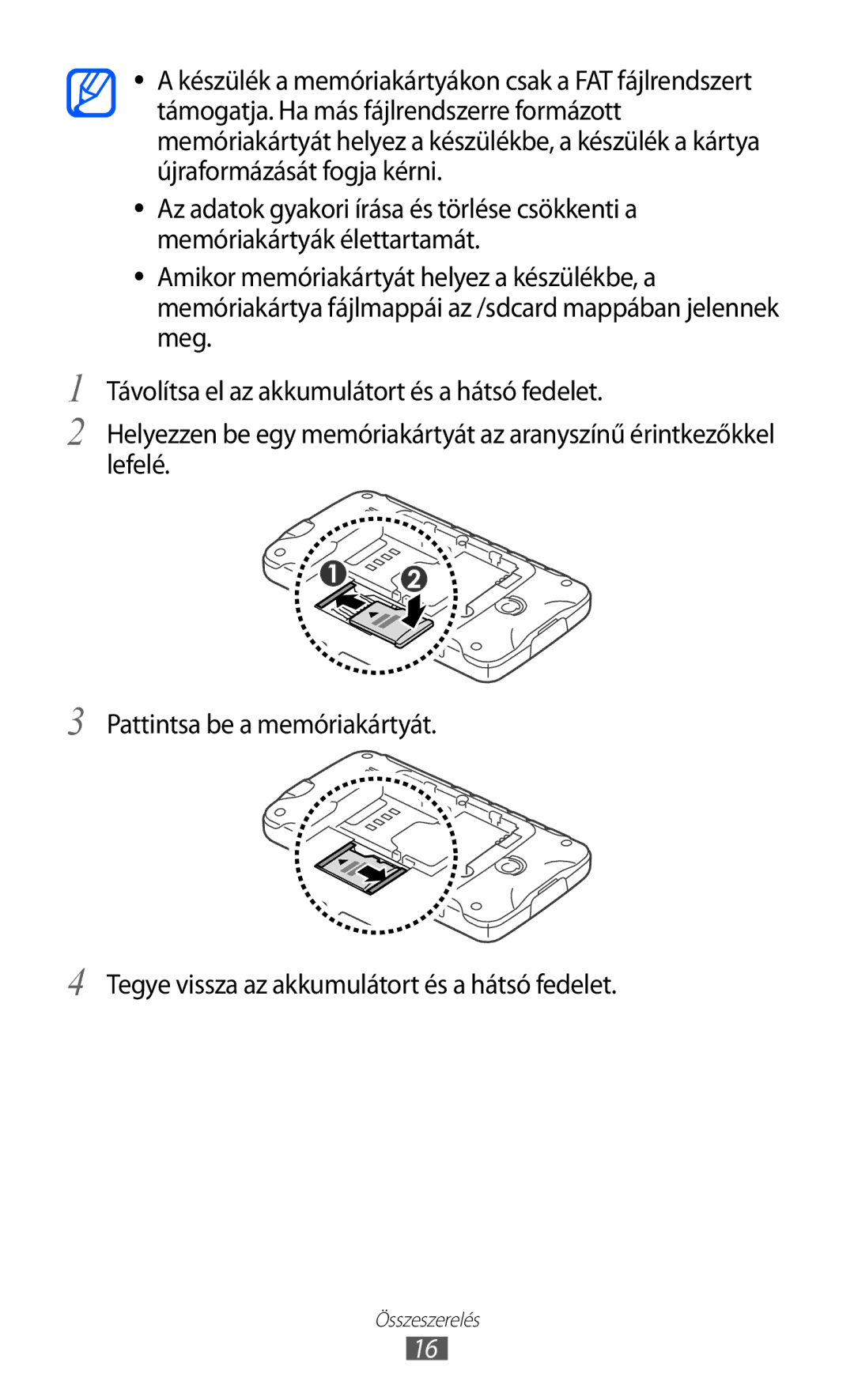 Samsung GT-S5690TAAPAN, GT-S5690KOADBT, GT-S5690TAADBT, GT-S5690KOADTM, GT-S5690KOAATO, GT-S5690KOABGL manual Összeszerelés 