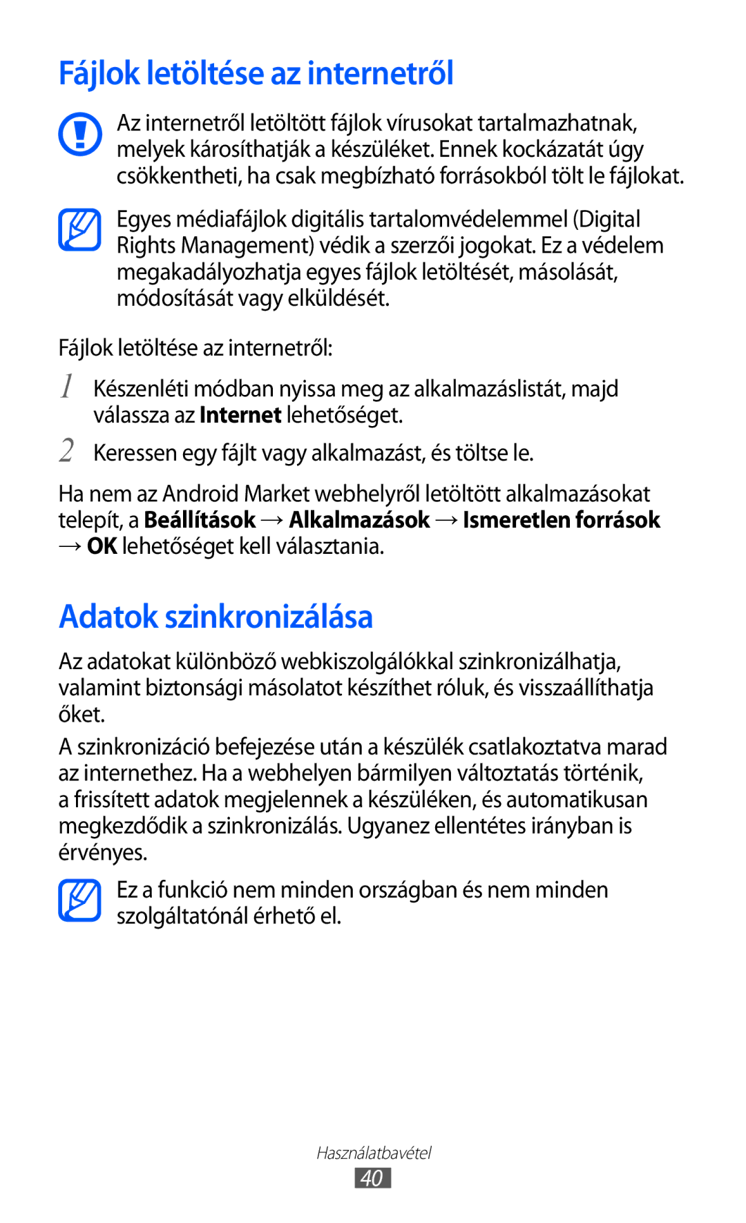 Samsung GT-S5690KOADBT manual Fájlok letöltése az internetről, Adatok szinkronizálása, → OK lehetőséget kell választania 