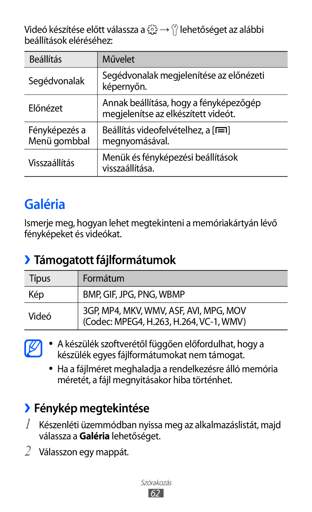 Samsung GT-S5690KOADTM, GT-S5690KOADBT, GT-S5690TAADBT manual Galéria, Támogatott fájlformátumok, ››Fénykép megtekintése 