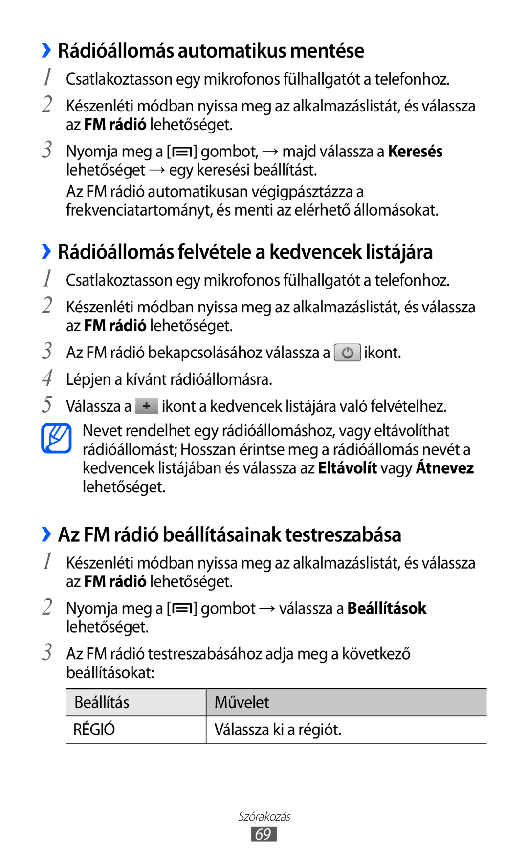 Samsung GT-S5690KOAXEH, GT-S5690KOADBT ››Rádióállomás automatikus mentése, ››Rádióállomás felvétele a kedvencek listájára 