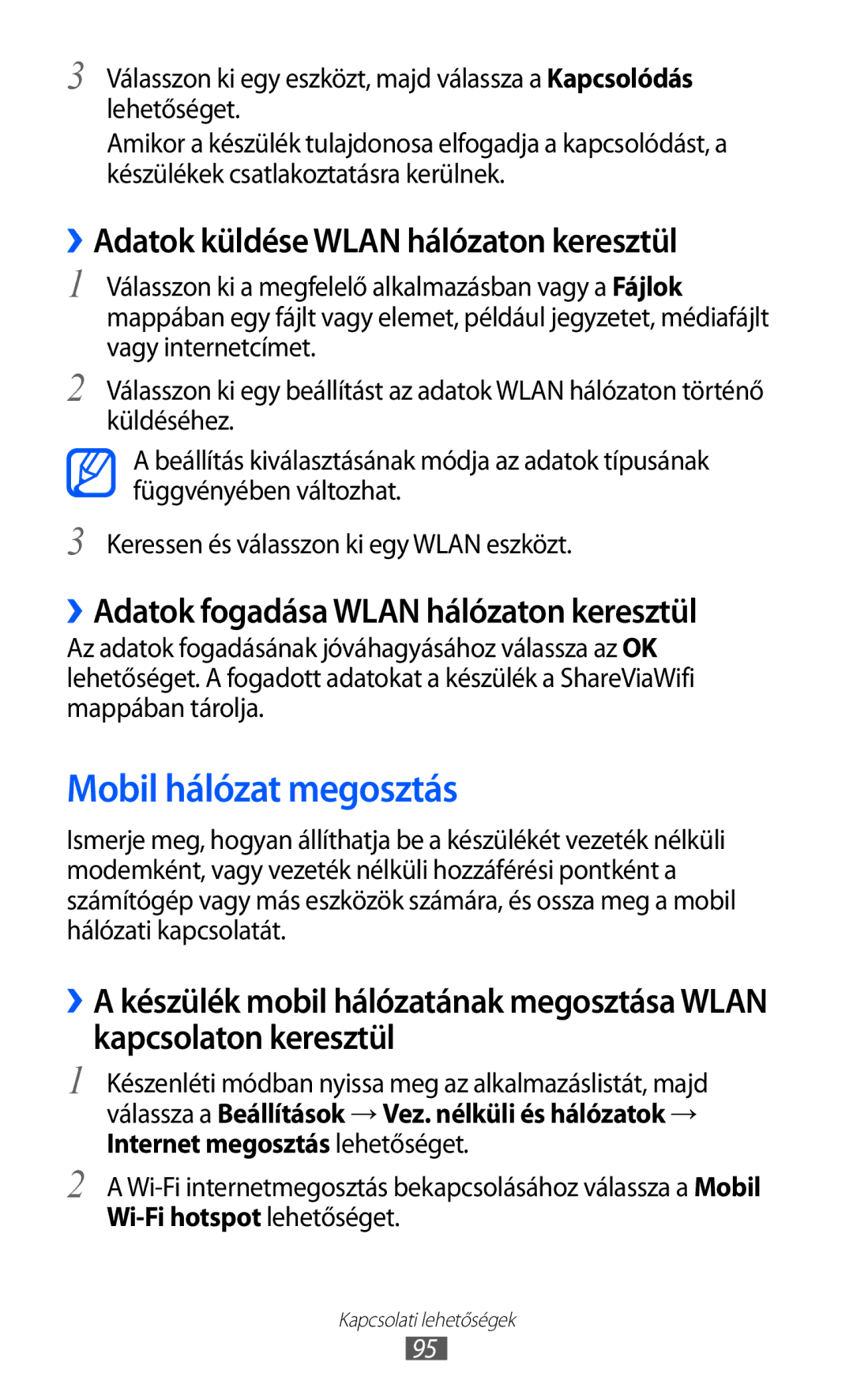 Samsung GT-S5690TAASWC, GT-S5690KOADBT, GT-S5690TAADBT Mobil hálózat megosztás, ››Adatok küldése Wlan hálózaton keresztül 