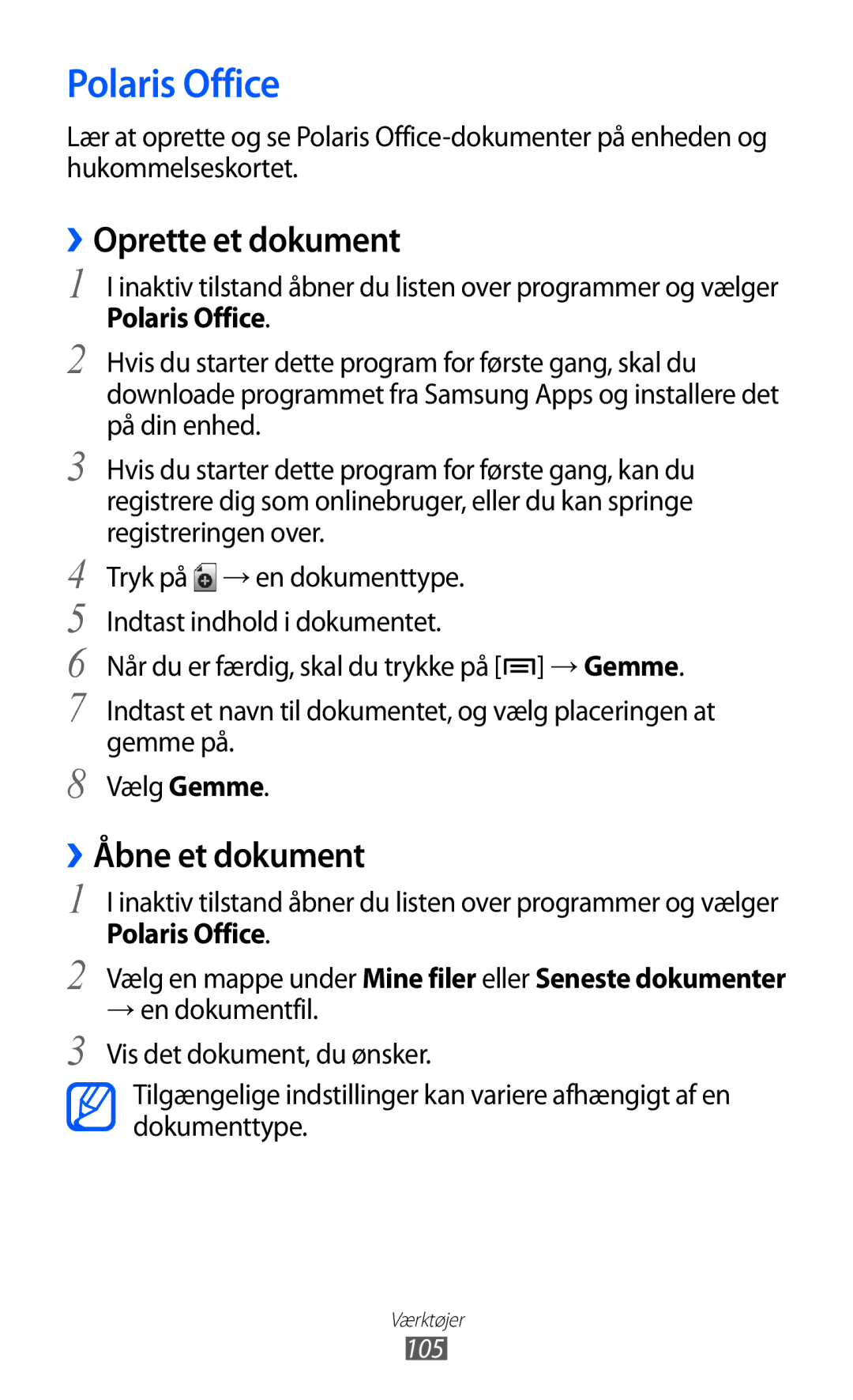 Samsung GT-S5690KOANEE, GT-S5690TAANEE manual Polaris Office, ››Oprette et dokument, ››Åbne et dokument 