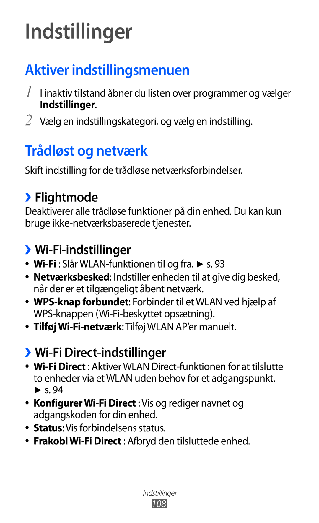 Samsung GT-S5690TAANEE, GT-S5690KOANEE manual Indstillinger, Aktiver indstillingsmenuen, Trådløst og netværk 