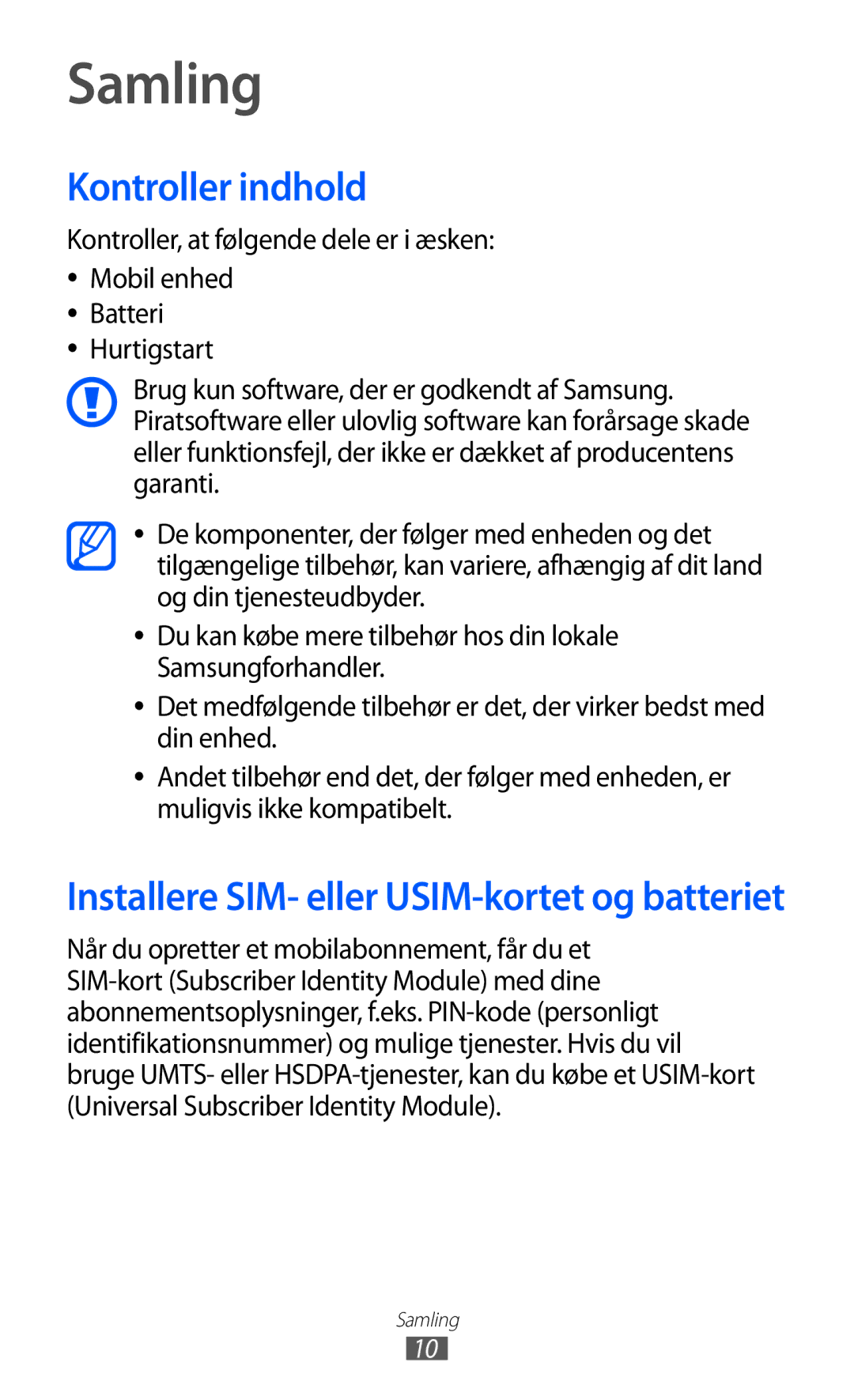 Samsung GT-S5690TAANEE, GT-S5690KOANEE manual Samling, Kontroller indhold, Kontroller, at følgende dele er i æsken 