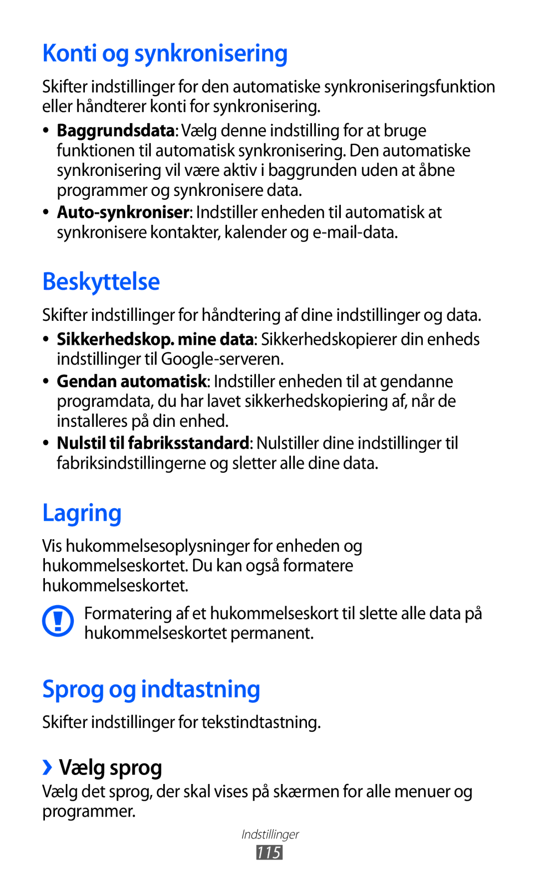 Samsung GT-S5690KOANEE, GT-S5690TAANEE Konti og synkronisering, Beskyttelse, Lagring, Sprog og indtastning, ››Vælg sprog 