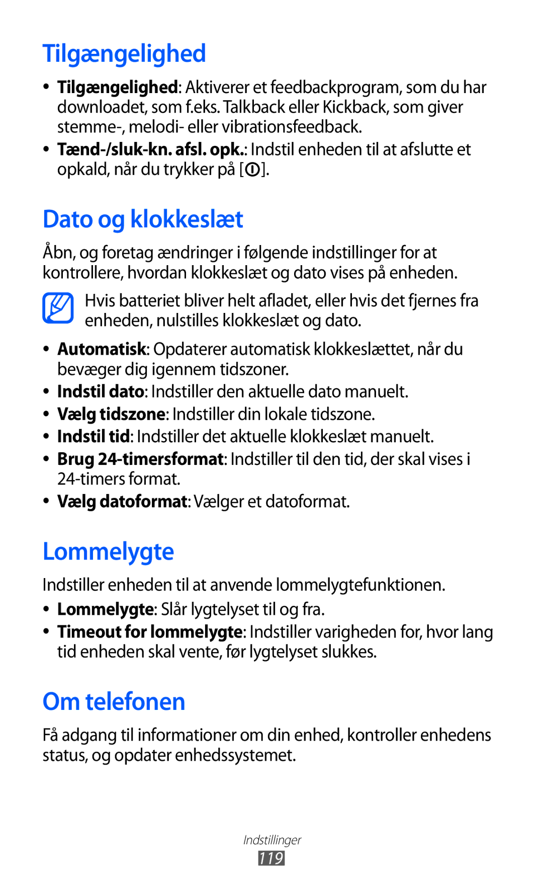 Samsung GT-S5690KOANEE, GT-S5690TAANEE manual Tilgængelighed, Dato og klokkeslæt, Lommelygte, Om telefonen 