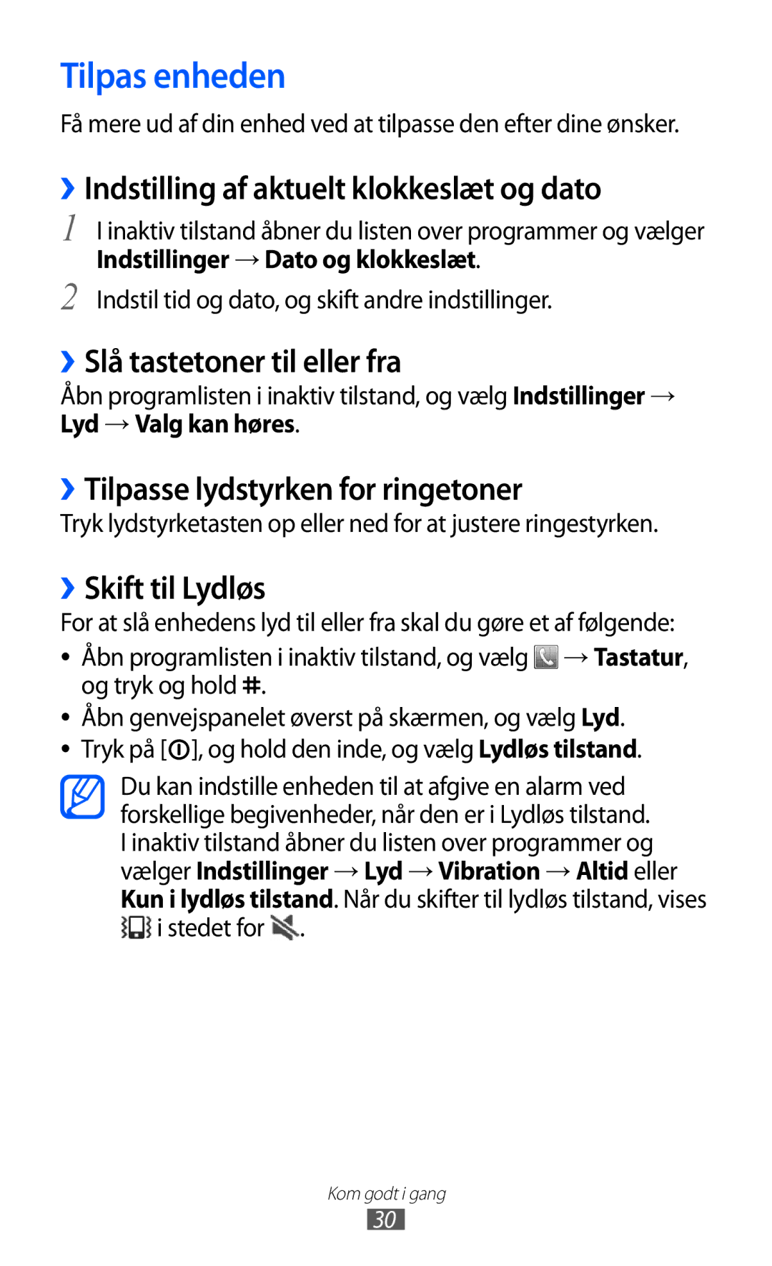 Samsung GT-S5690TAANEE manual Tilpas enheden, ››Indstilling af aktuelt klokkeslæt og dato, ››Slå tastetoner til eller fra 