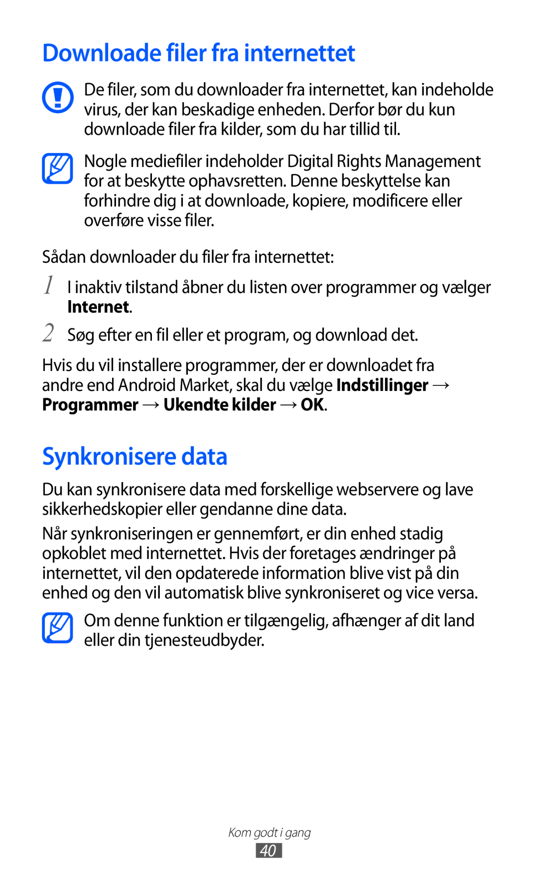 Samsung GT-S5690TAANEE manual Downloade filer fra internettet, Synkronisere data, Programmer → Ukendte kilder → OK 