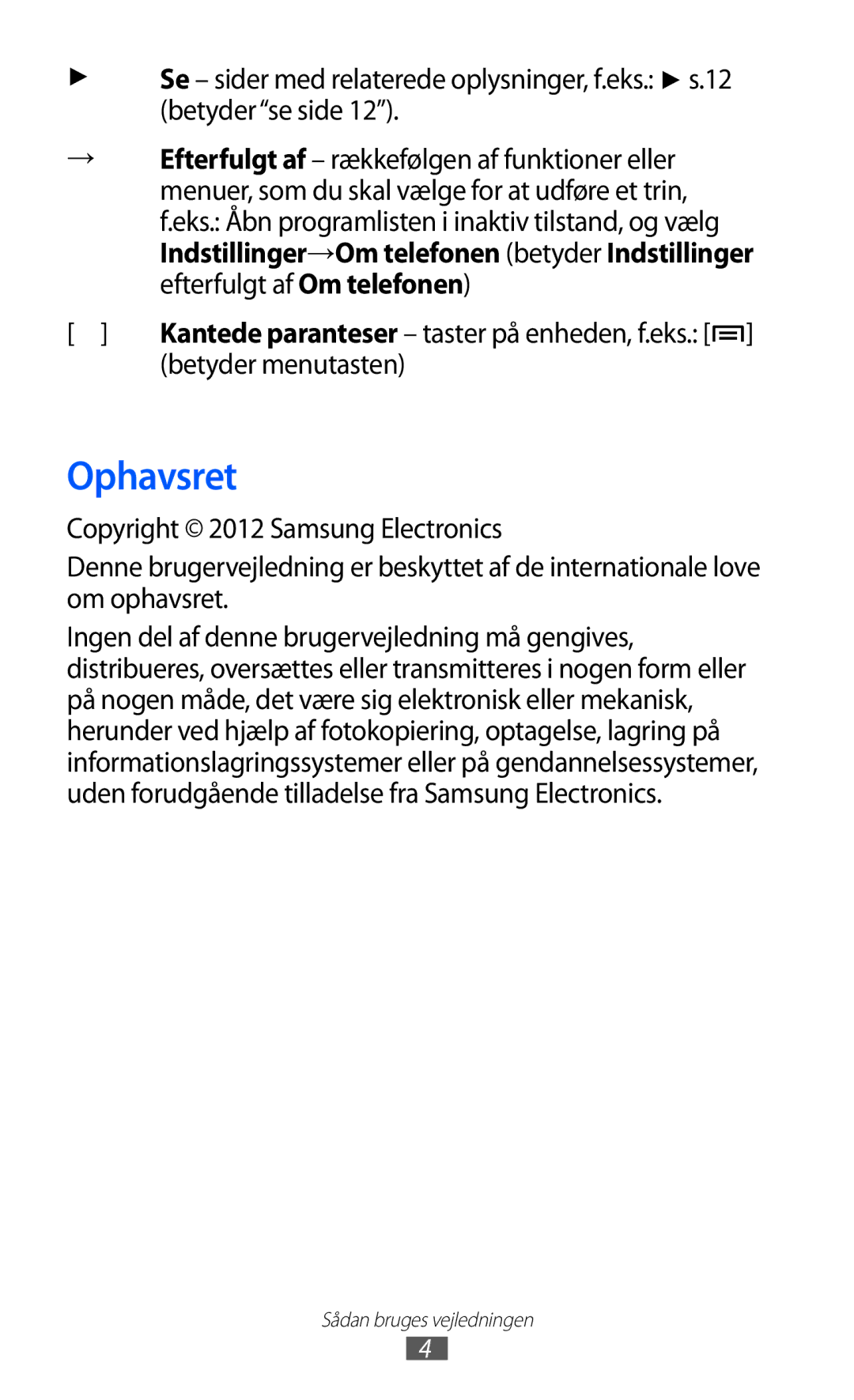 Samsung GT-S5690TAANEE, GT-S5690KOANEE manual Ophavsret, Betyder menutasten 