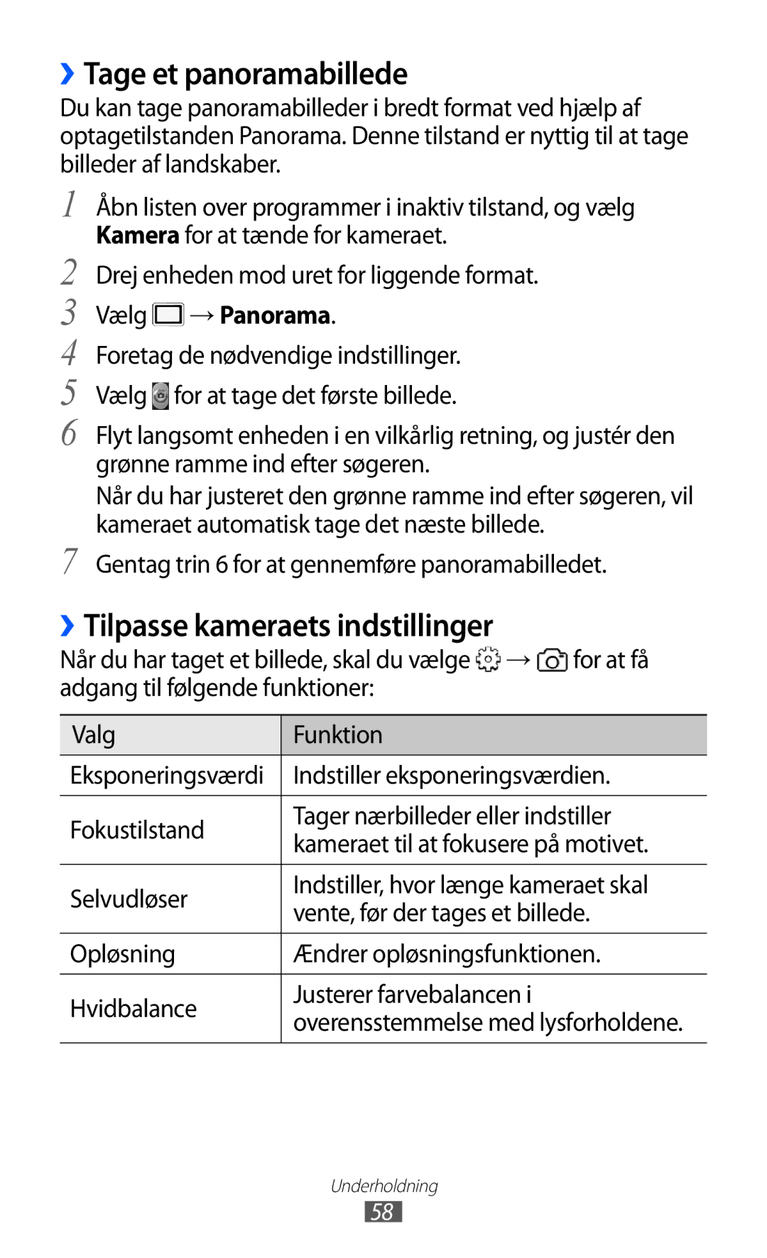 Samsung GT-S5690TAANEE, GT-S5690KOANEE manual ››Tage et panoramabillede, ››Tilpasse kameraets indstillinger, Vælg → Panorama 