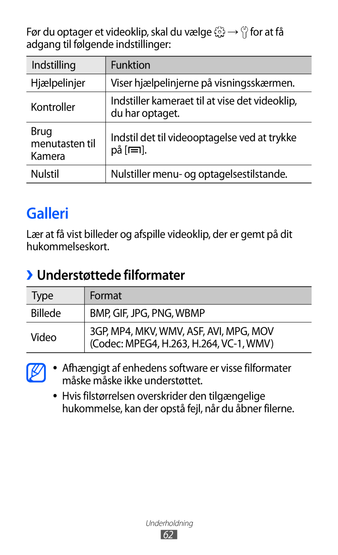 Samsung GT-S5690TAANEE, GT-S5690KOANEE manual Galleri, Understøttede filformater 