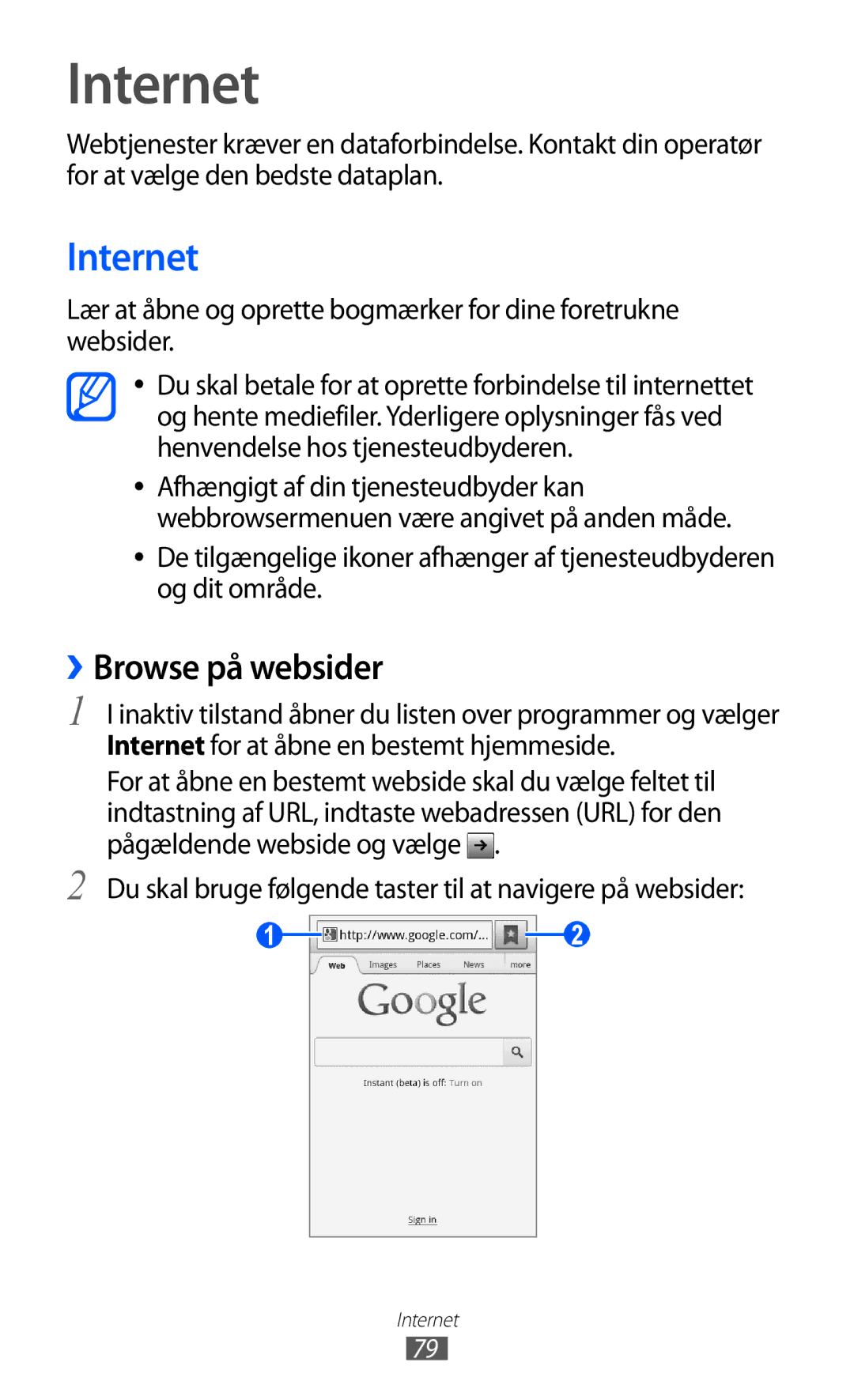 Samsung GT-S5690KOANEE manual Internet, ››Browse på websider, Du skal bruge følgende taster til at navigere på websider 