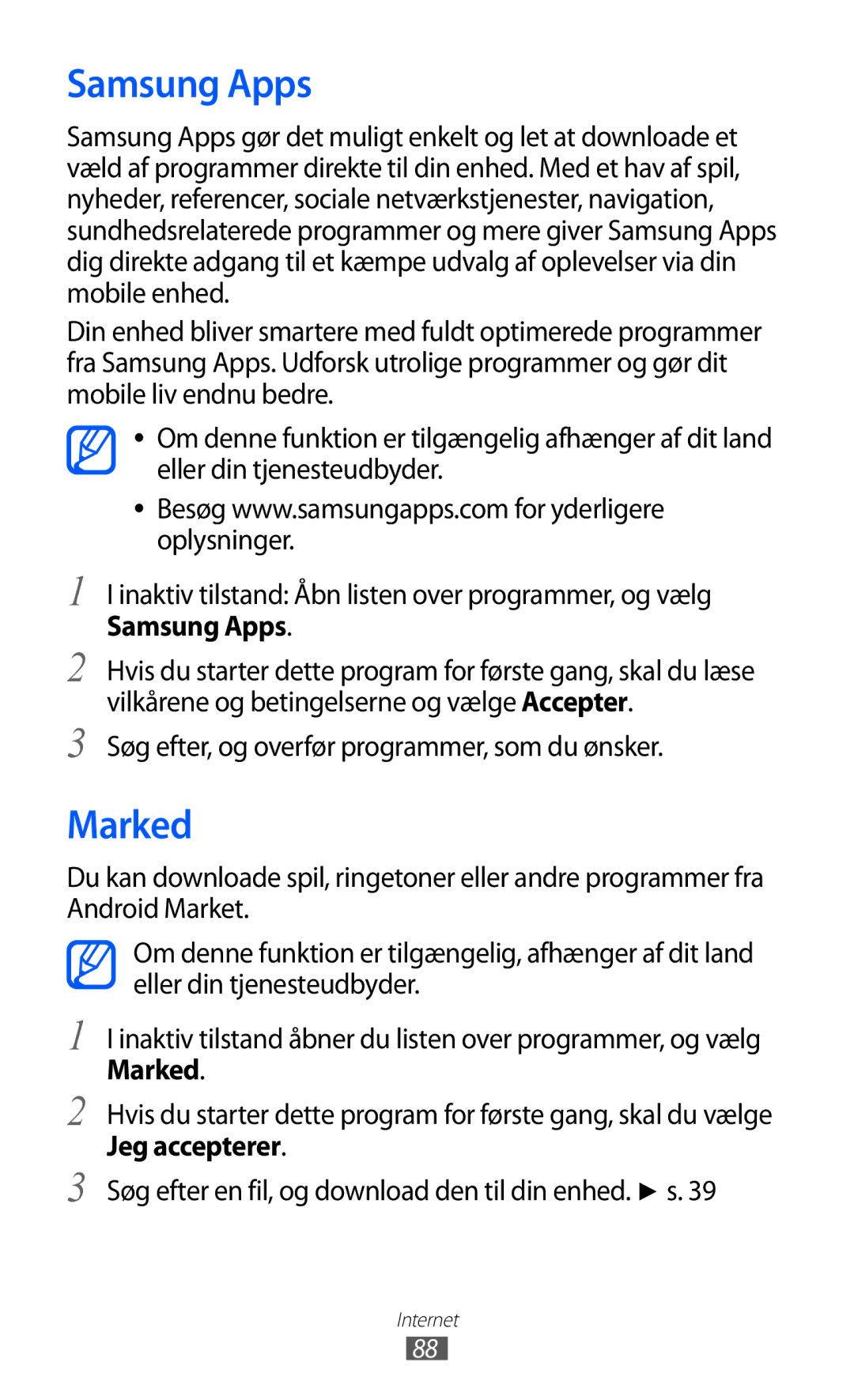 Samsung GT-S5690TAANEE, GT-S5690KOANEE manual Samsung Apps, Marked, Søg efter, og overfør programmer, som du ønsker 