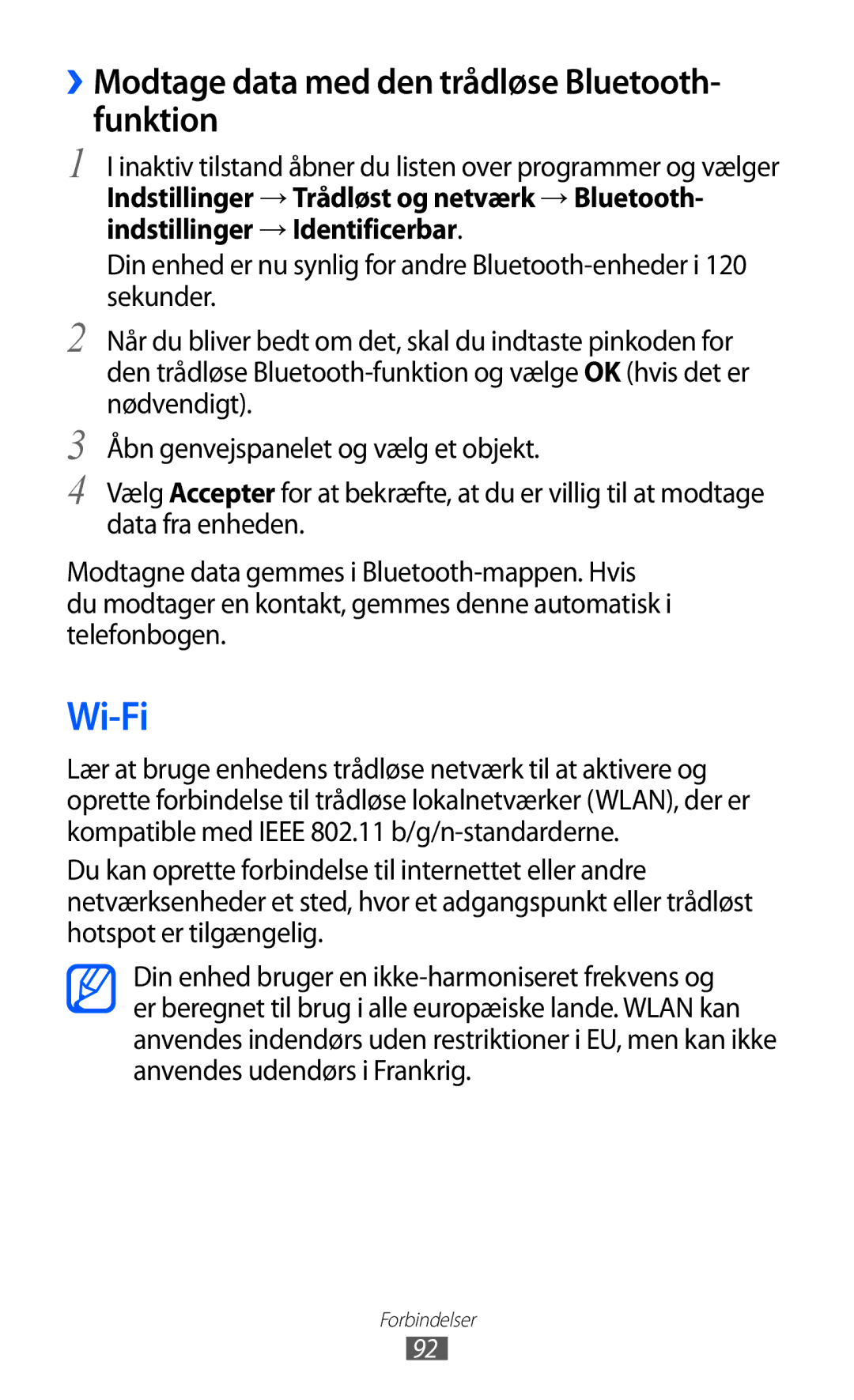 Samsung GT-S5690TAANEE, GT-S5690KOANEE manual Wi-Fi, ››Modtage data med den trådløse Bluetooth- funktion 