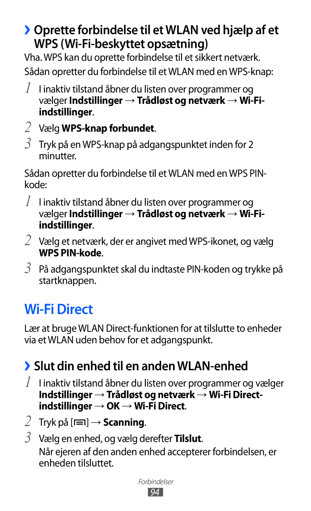 Samsung GT-S5690TAANEE Wi-Fi Direct, WPS Wi-Fi-beskyttet opsætning, ››Slut din enhed til en anden WLAN-enhed, WPS PIN-kode 