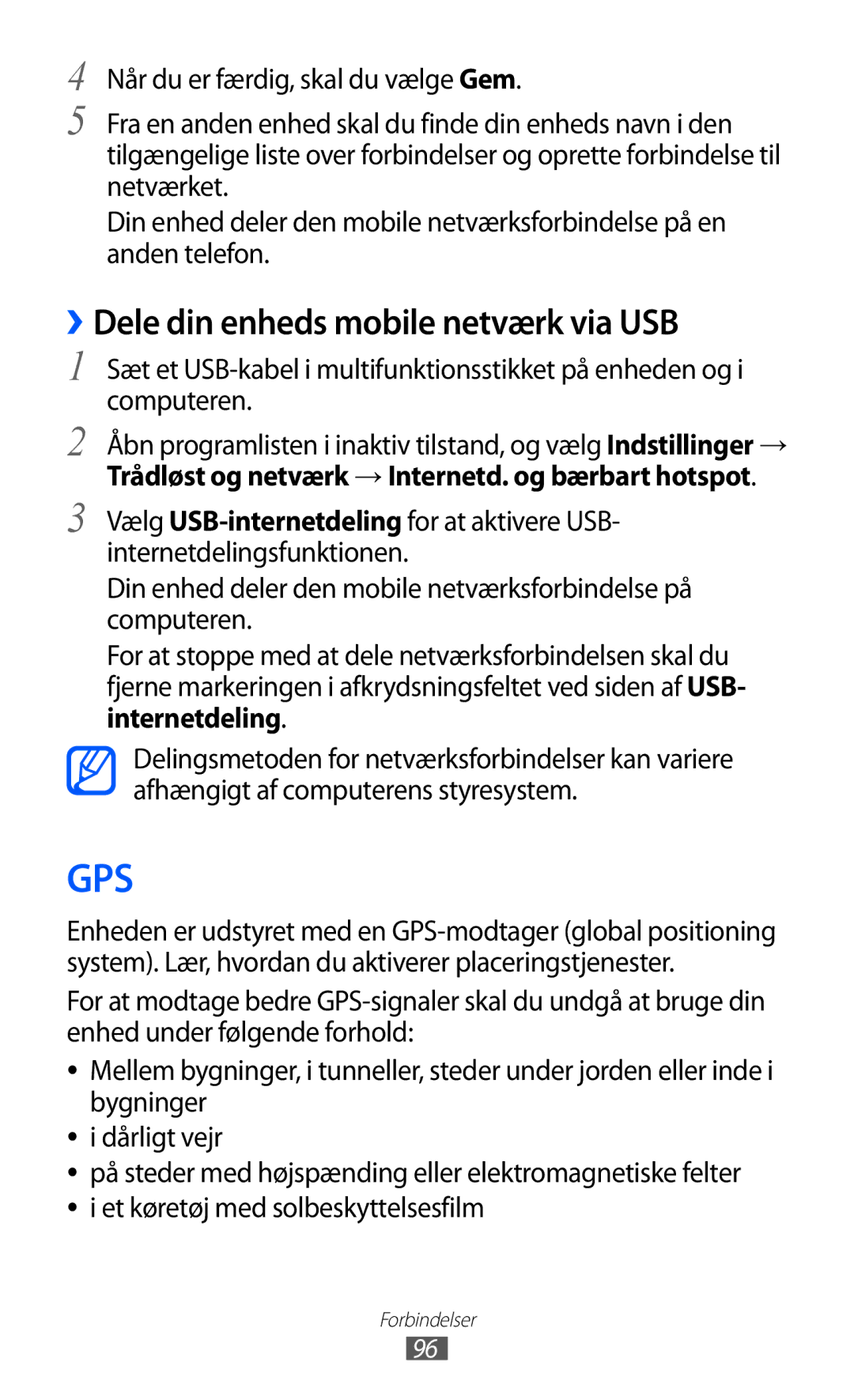 Samsung GT-S5690TAANEE, GT-S5690KOANEE manual Gps, ››Dele din enheds mobile netværk via USB 