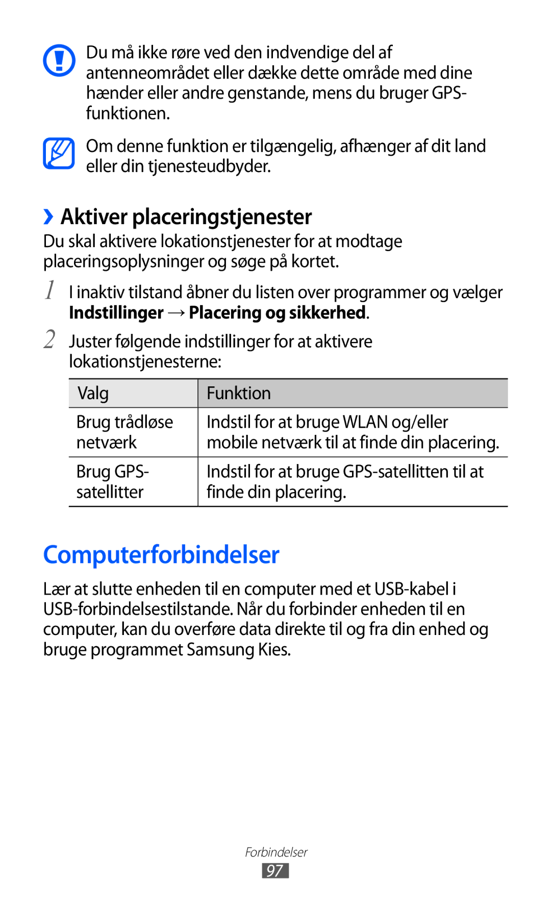 Samsung GT-S5690KOANEE manual Computerforbindelser, ››Aktiver placeringstjenester, Indstillinger → Placering og sikkerhed 