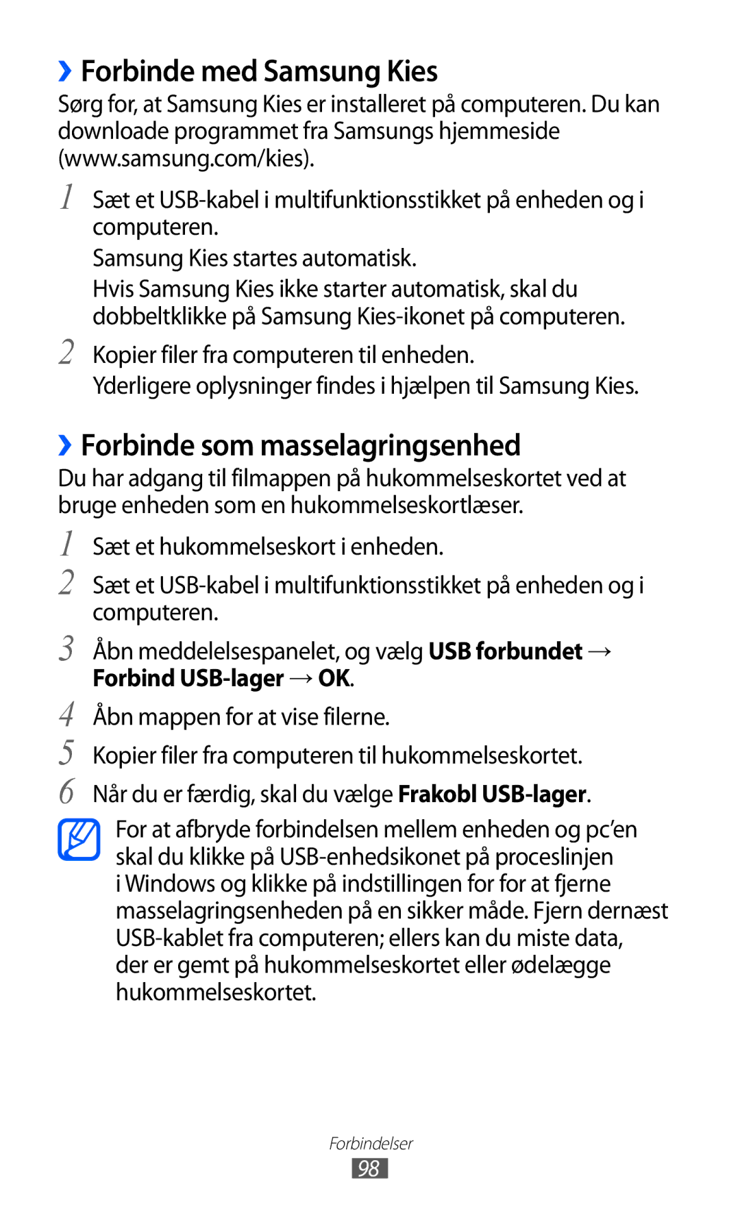 Samsung GT-S5690TAANEE manual ››Forbinde med Samsung Kies, ››Forbinde som masselagringsenhed, Forbind USB-lager → OK 