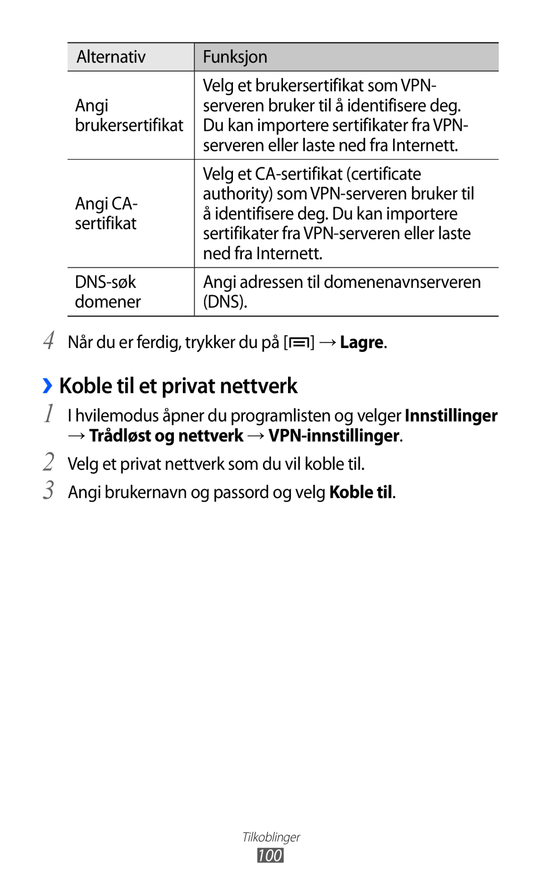 Samsung GT-S5690KOANEE, GT-S5690TAANEE manual ››Koble til et privat nettverk, → Trådløst og nettverk → VPN-innstillinger 