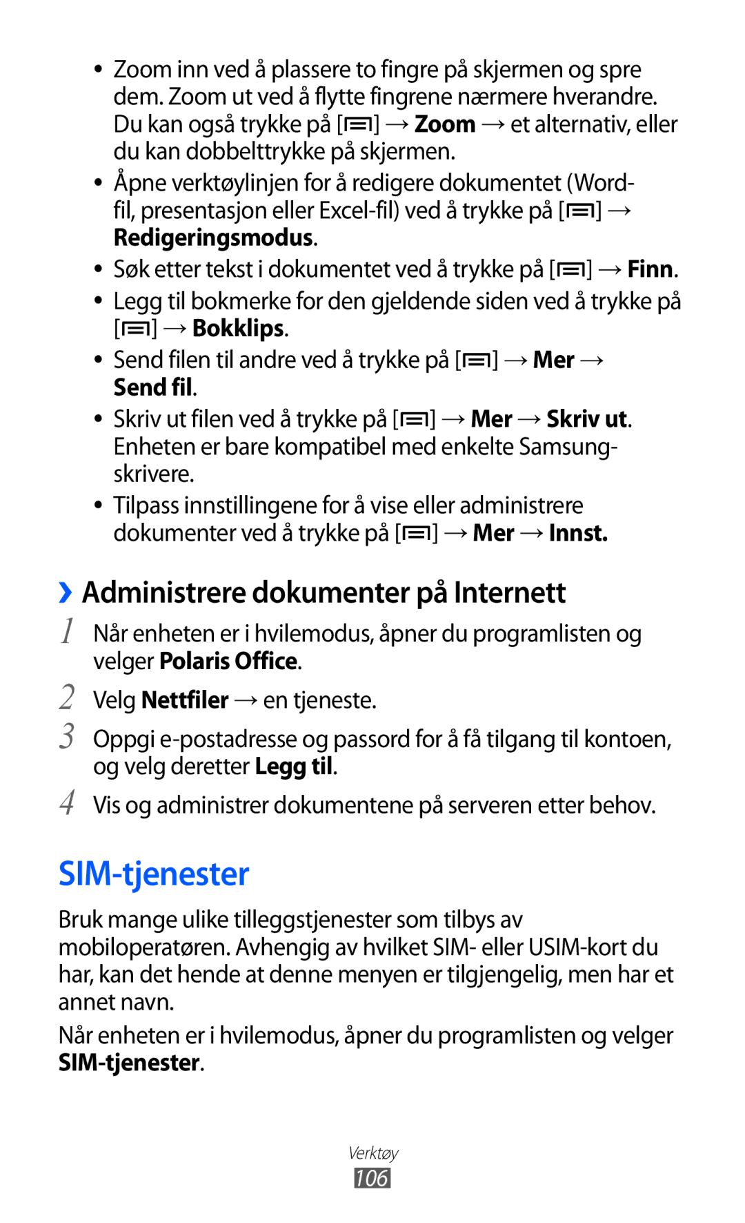 Samsung GT-S5690KOANEE, GT-S5690TAANEE manual SIM-tjenester, ››Administrere dokumenter på Internett, 106 