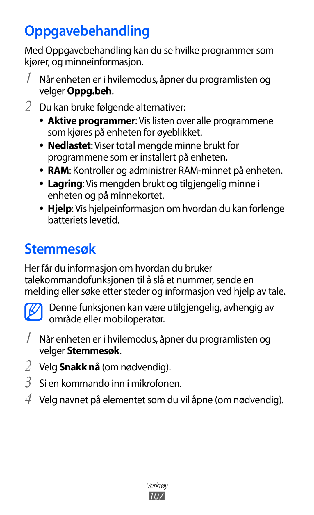 Samsung GT-S5690TAANEE manual Oppgavebehandling, Stemmesøk, Velg navnet på elementet som du vil åpne om nødvendig, 107 