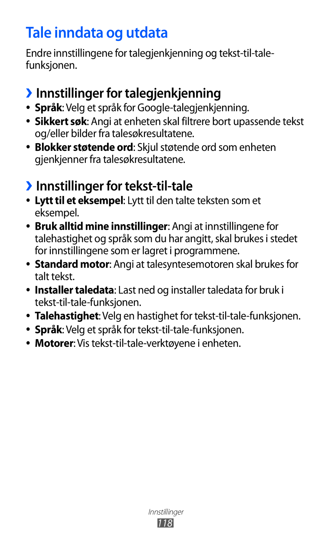 Samsung GT-S5690KOANEE Tale inndata og utdata, ››Innstillinger for talegjenkjenning, ››Innstillinger for tekst-til-tale 